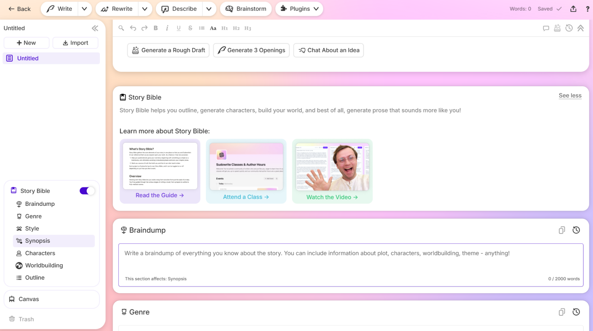 Sudowrite verwirrende Benutzeroberfläche